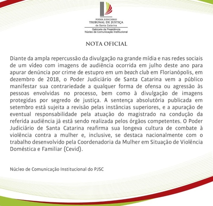 Nota divulgada pelo TJSC nesta quarta-feira – Foto: Divulgação