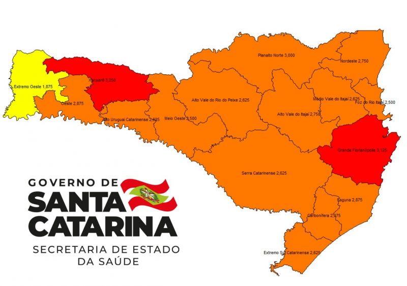 Novo mapa de risco divulgado pela SES nesta quinta-feira (12). Meio-Oeste passou ao nível grave – Foto: SES/Divulgação/ND