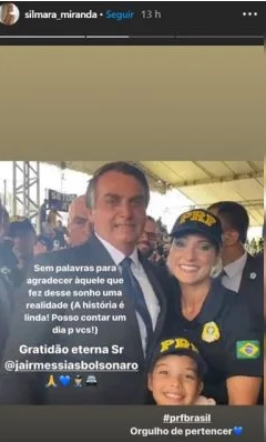 Silmara Miranda posa ao lado de Jair Bolsonaro durante formatura da PRF em Florian&oacute;polis – Foto: Foto: Reprodu&ccedil;&atilde;o Instagram Storie