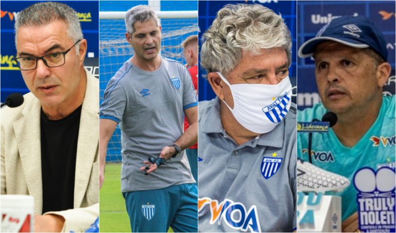 Augusto In&aacute;cio, Rodrigo Santana, Geninho e Claudinei Oliveira. Ava&iacute; teve quatro treinadores em 2020 – Foto: Reprodu&ccedil;&atilde;o