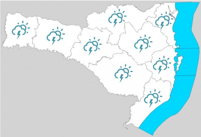 Mapa para esta sexta (18) no Estado indica chuva em todas as regiões de Santa Catarina – Foto: Reprodução/Defesa Civil/SC