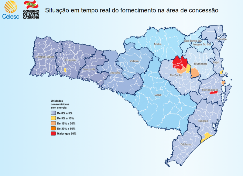Mais de 11 mil unidades estão sem energia na manhã desta quinta-feira (17) – Foto: Celesc/Reprodução