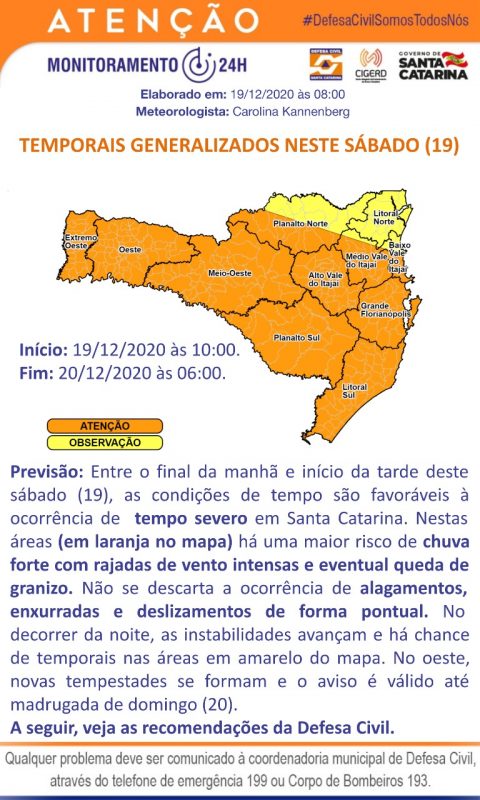 Alerta da Defesa Civil &eacute; para risco de temporal, com forte vento e chuva significativa – Foto: Defesa Civil/Divugal&ccedil;&atilde;o/ND