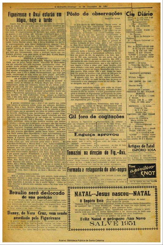 Jornal do dia 31 de dezembro de 1950 com o destaque para o encontro entre os rivais da capital – Foto: Jornal O Estado/arquivo/ND
