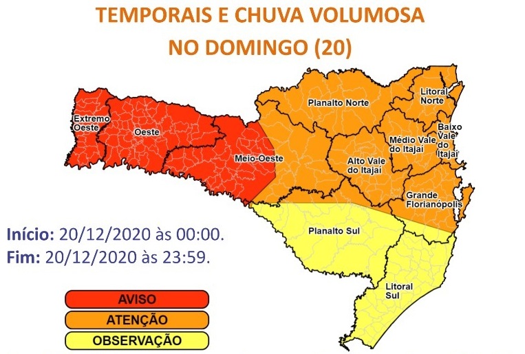 Alerta da Defesa Civil para chuva neste domingo, em SC