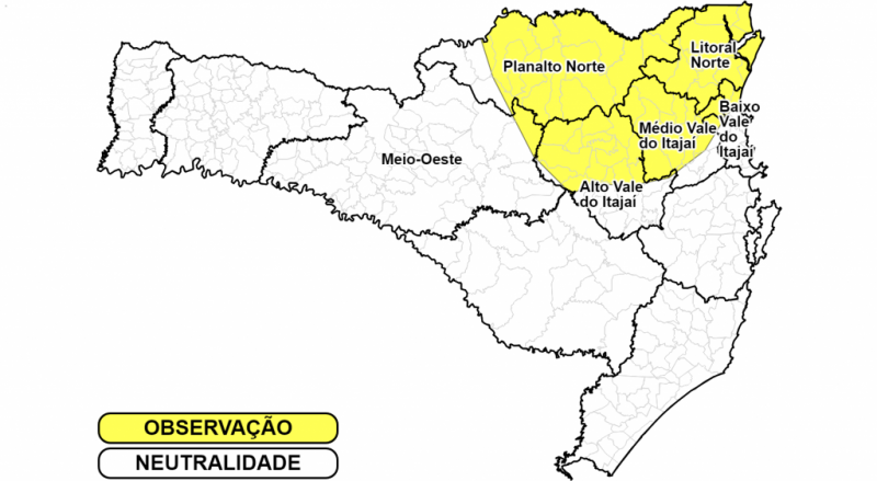 Mapa de Santa Catarina com Planalto Norte, Médio Vale do Itajaí e Litoral Norte com risco para deslizamento