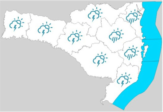 Áreas mais afetas pela chuva em azul no mapa – Foto: Defesa Civil/Divulgação