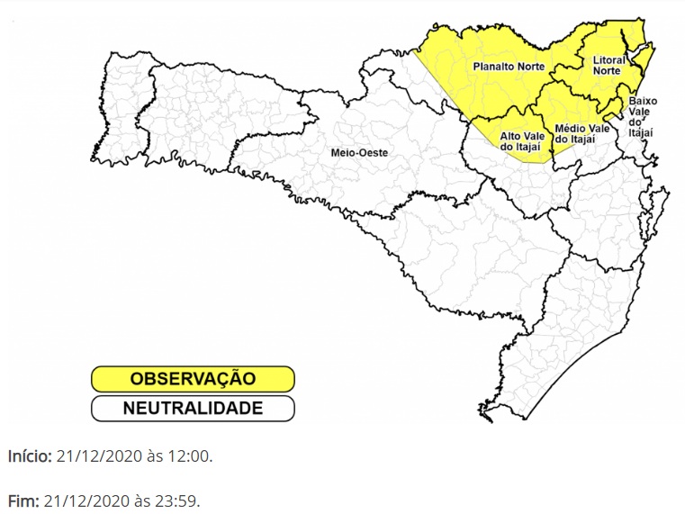 Defesa Civil alerta para risco de temporais isolados nas regi&otilde;es em amarelo – Foto: Defesa Civil/Divulga&ccedil;&atilde;o/ND