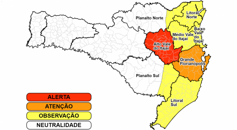 Alerta para risco de deslizamentos. Em alerta est&aacute; o Alto Vale do Itaja&iacute; – Foto: Defesa Civil/Divulga&ccedil;&atilde;o/ND