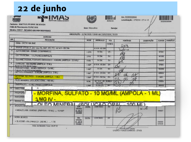 Documento mostra que paciente recebeu morfina no dia em que foi intubado e transferido para UTI do Hospital Florian&oacute;polis. Arte: Rog&eacute;rio Moreira J&uacute;nior/ND