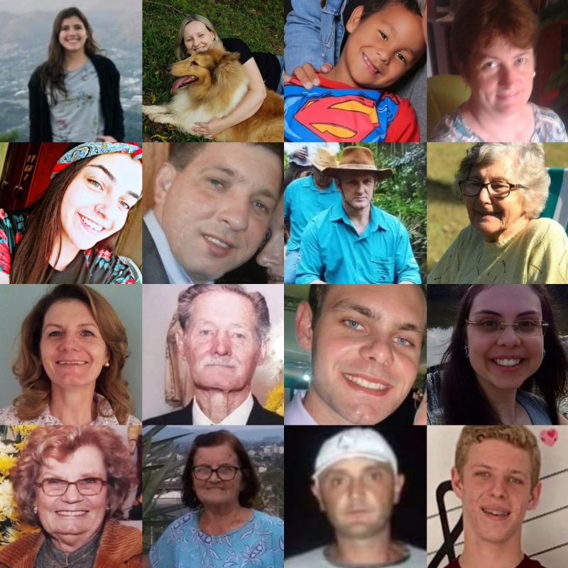 Fotos de várias pessoas que morreram durante enxurrada no Alto Vale do Itajaí. Tem crianças, jovens, adultos e idosos.