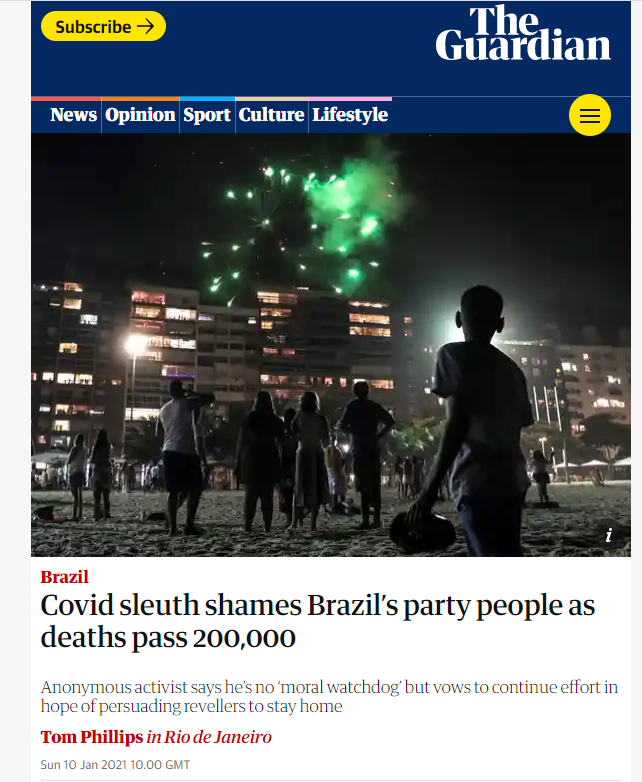 Mat&eacute;ria repercute festas da Covid-19 no Brasil – Foto: Reprodu&ccedil;&atilde;o/The Guardian