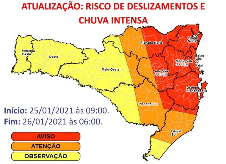 Mapa divulgado pela Defesa Civil estadual – Foto: Reprodução/Defesa Civil