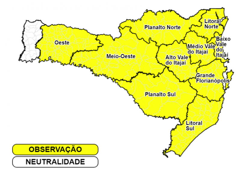 H&aacute; chance de estragos causados pelas chuvas nas regi&otilde;es em amarelo no mapa – Foto: Defesa Civil SC/Divulga&ccedil;&atilde;o ND