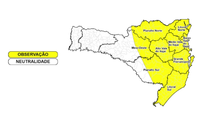 Mapa com alerta da Defesa Civil