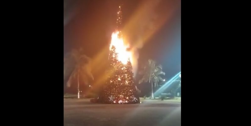 &Aacute;rvore recicl&aacute;vel de 16,4 metros pegou fogo durante a madrugada desta ter&ccedil;a-feira (5). – Foto: Reprodu&ccedil;&atilde;o/Redes sociais