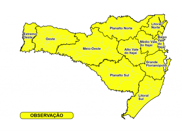 Mapa em amarelo com as regiões do Estado com risco de temporais e deslizamentos