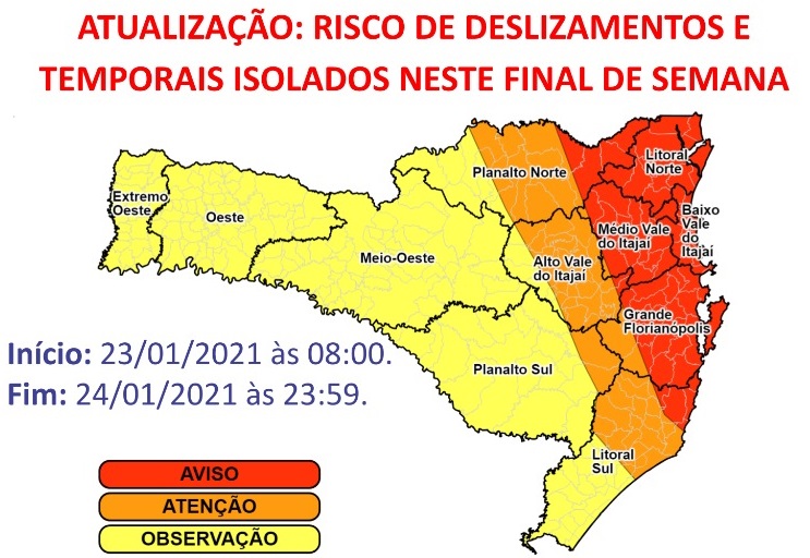 M&eacute;dio Vale do Itaja&iacute; tem risco alto de ocorr&ecirc;ncias neste final de semana – Foto: Defesa Civil/Divulga&ccedil;&atilde;o/ND
