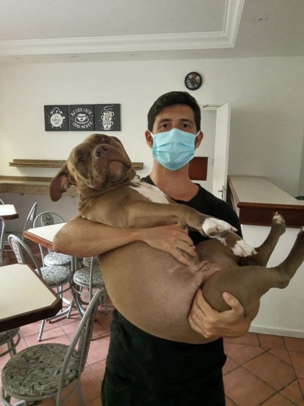 Felipe Oliveira e a sua cachorrinha, Gaia, no colo