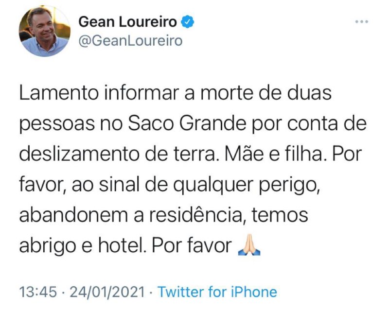Gean Loureiro informou que há hospedagem disponível para população em risco – Foto: Twitter/Reprodução