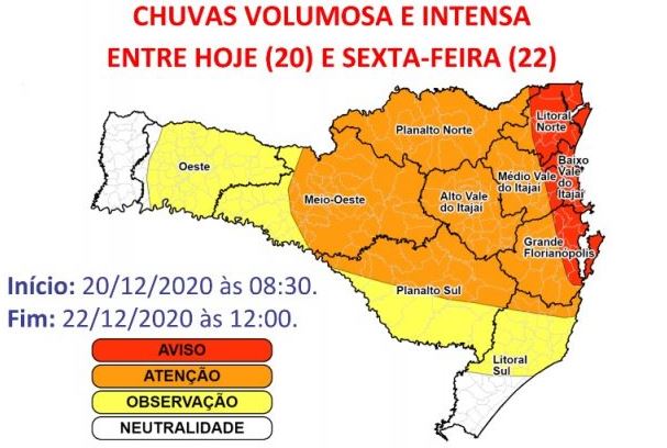Mapa da Defesa Civil alerta para chuva intensa em SC
