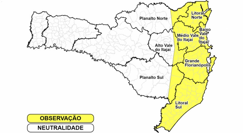 Regi&otilde;es em amarelo est&atilde;o em observa&ccedil;&atilde;o para poss&iacute;veis temporais nesta quarta – Foto: Defesa Civil/Divulga&ccedil;&atilde;o