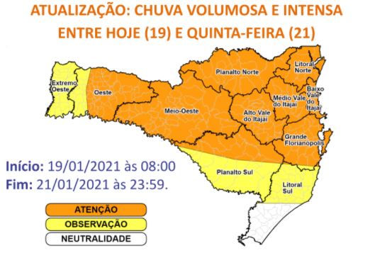 Mapa de alerta para chuva volumosa e intensa em Santa Catarina