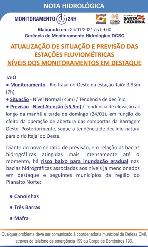 Situa&ccedil;&atilde;o dos rios em Santa Catarina – Foto: Defesa Civil/Divulga&ccedil;&atilde;o