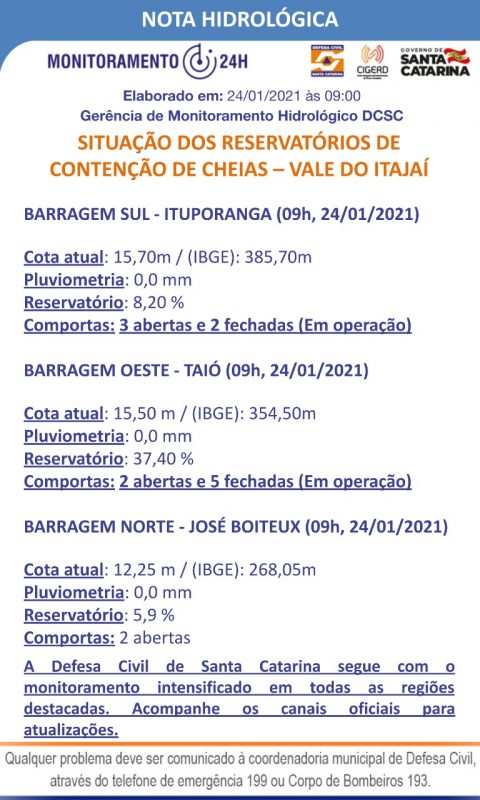 Situa&ccedil;&atilde;o das barragens em Santa Catarina – Foto: Defesa Civil/Divulga&ccedil;&atilde;o