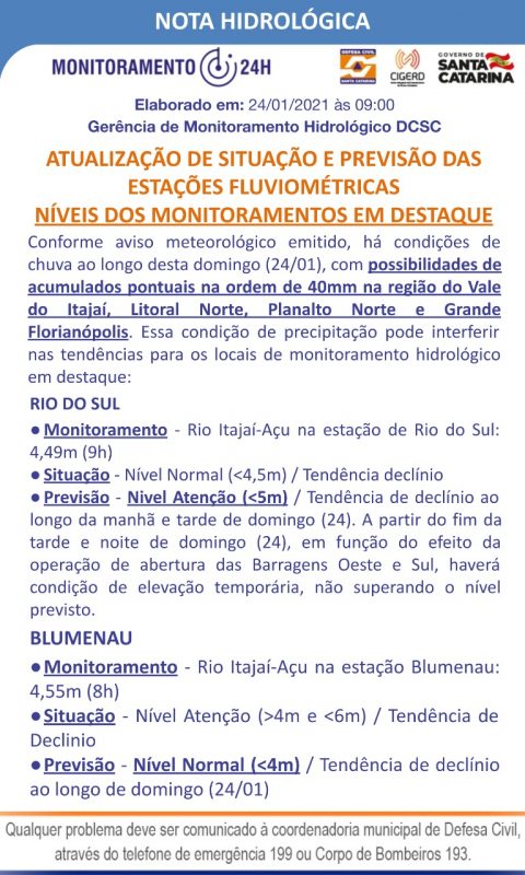 Situa&ccedil;&atilde;o dos rios em Santa Catarina – Foto: Defesa Civil/Divulga&ccedil;&atilde;o