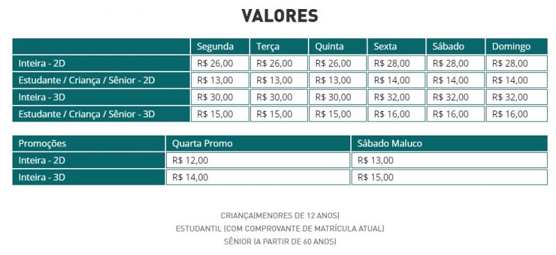 Veja a tabela de preços para assistir ao seu filme de preferência. – Foto: Reprodução/Shopping Pátio Chapecó