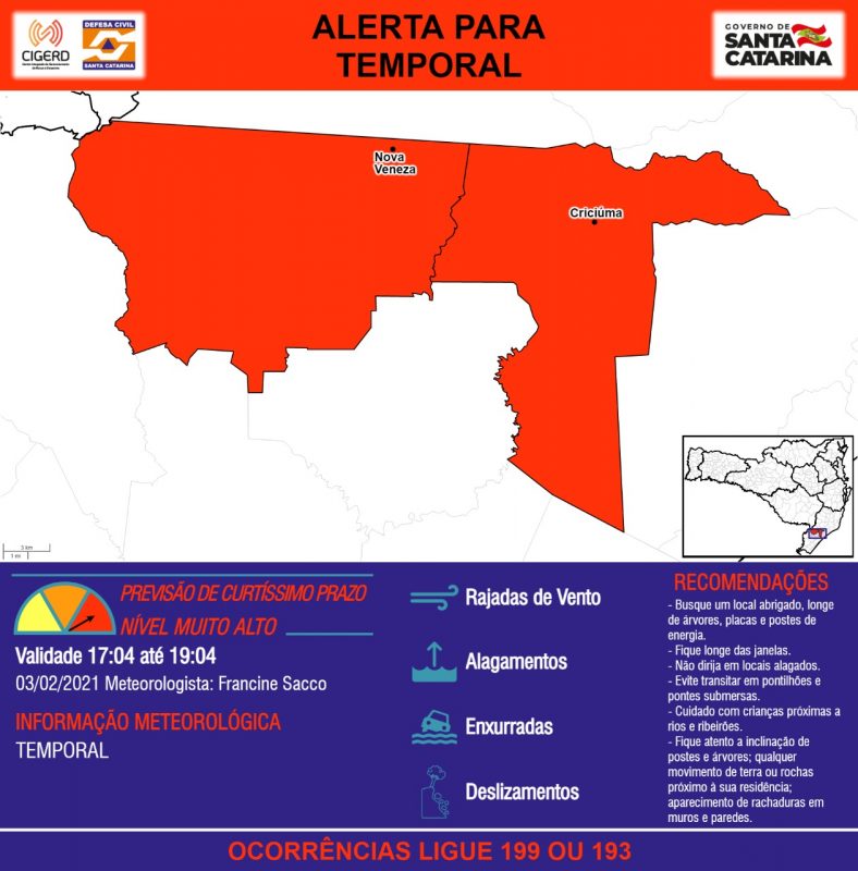 Alerta indica risco alto na região de Criciúma, Nova Veneza e Cocal do Sul – Foto: Defesa Civil de Santa Catarina/ND