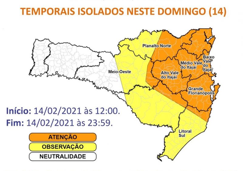 Defesa Civil emite alerta para temporais neste domingo em SC – Foto: Reprodu&ccedil;&atilde;o/Defesa Civil SC