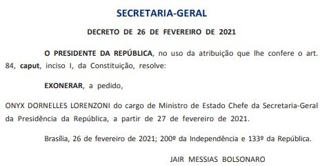 Bolsonaro exonera Onyx para votar emendas do Orçamento na Câmara – Foto: Divulgação/ND