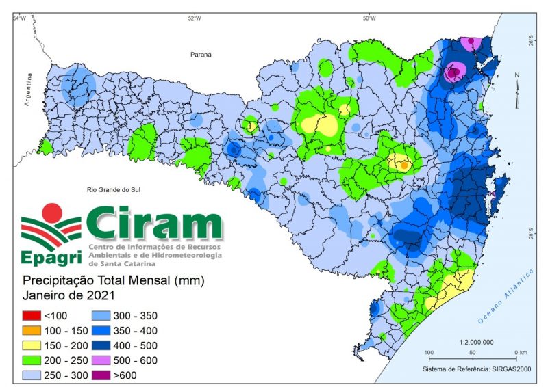 Áreas em rosa tiveram mais que o dobro da chuva esperada para janeiro – Foto: Epagri/Ciram
