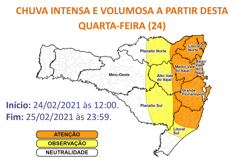 Litoral Norte está em estado de atenção devido às chuvas – Foto: Defesa Civil SC