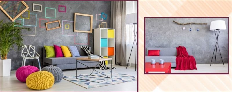 Efeito cimento queimado é fundo em espaço com objetos coloridos – Foto: Divulgação