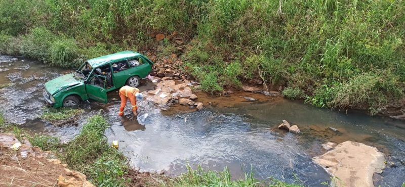 O carro caiu na ribanceira após sair da pista. – Foto: Corpo de Bombeiros/Divulgação/ND