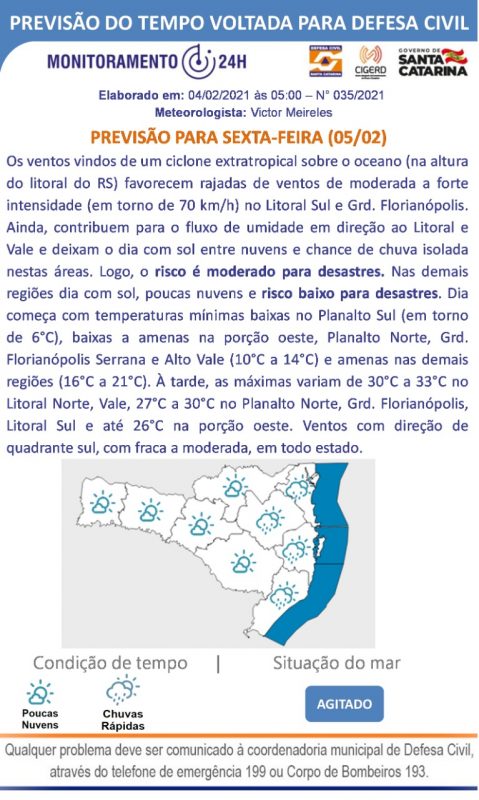 Previs&atilde;o para a sexta (5) com atua&ccedil;&atilde;o de ciclone extratropical – Foto: Defesa Civil de Santa Catarina/ND