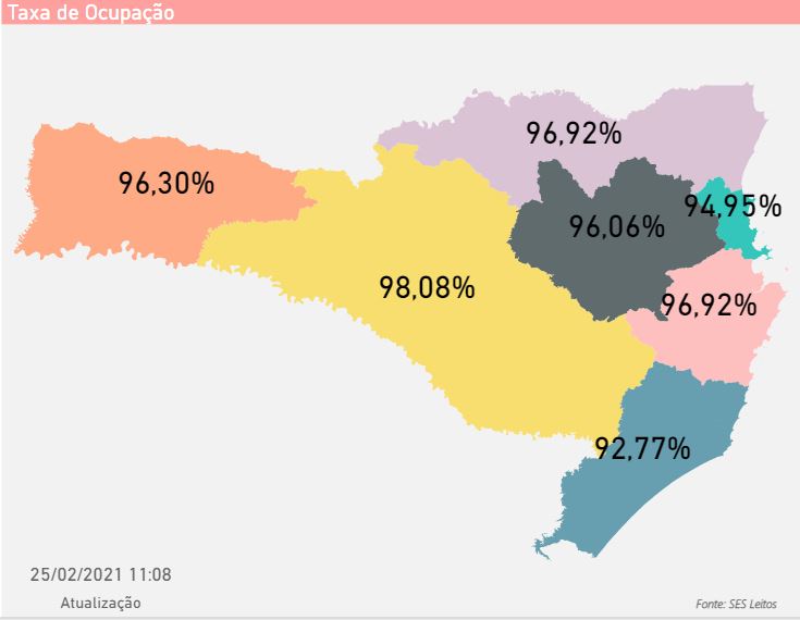 Mapa mostra taxa de ocupação dos leitos por região