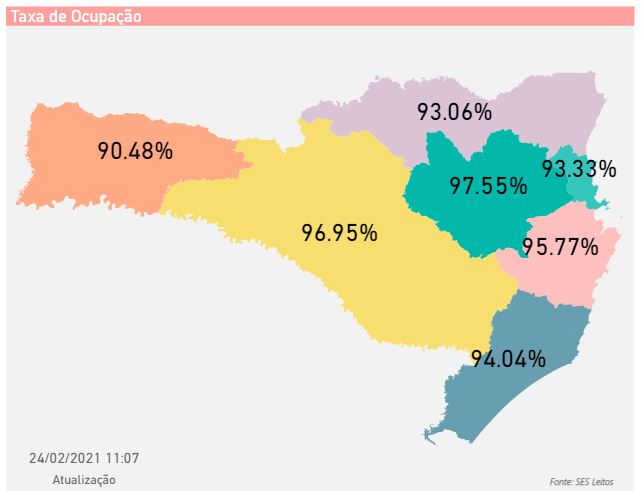 Mapa mostra ocupação de leitos adultos em geral em SC