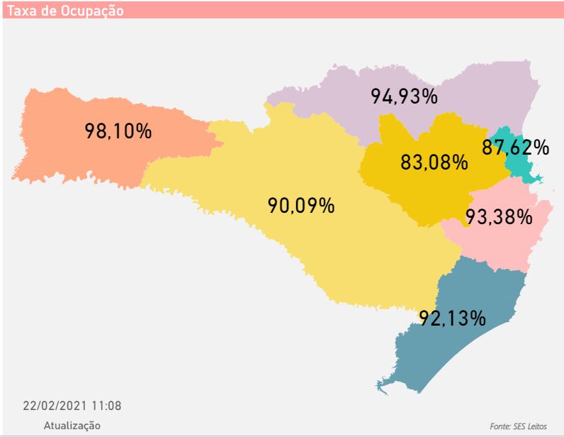 Mapa mostra taxa de ocupação de leitos para pacientes com Covid-19