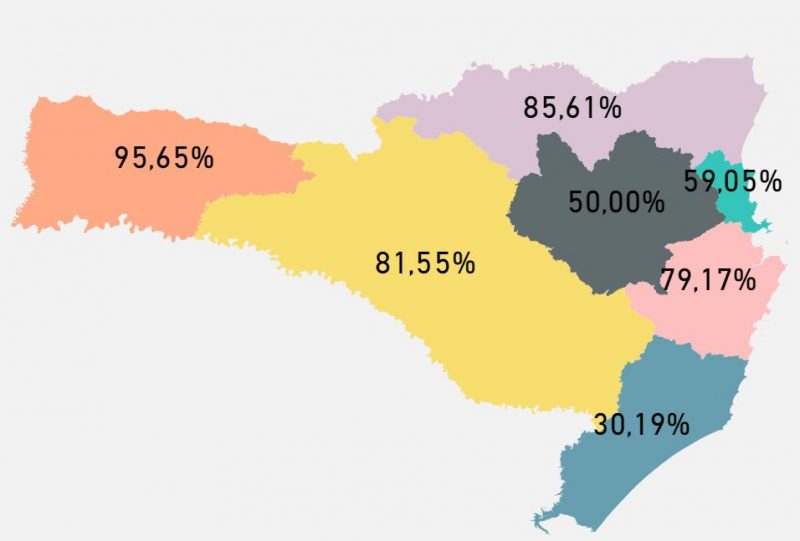 Mapa mostra taxa de ocupação dos leitos de UTI para tratamento de pacientes com Covid-19 em SC