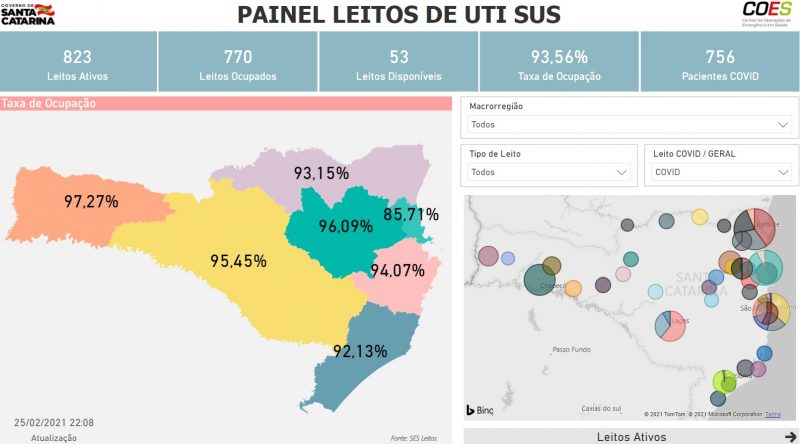 Mapa com a taxa de ocupa&ccedil;&atilde;o dos leitos Covid em SC – Foto: Reprodu&ccedil;&atilde;o/Estado