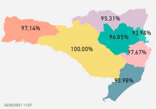 Mapa mostra índice de ocupação das UTI Covid do Estado – Foto: Governo de SC/Reprodução
