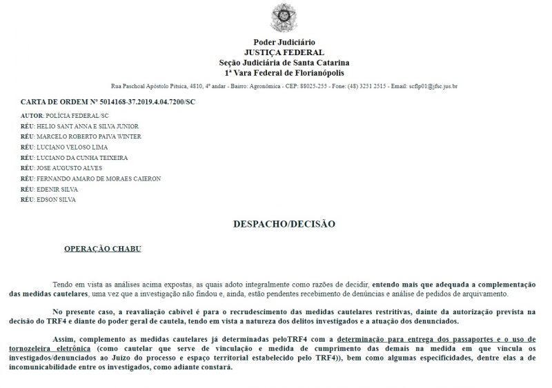 Trecho da decisão Janaína Cassol da Justiça Federal em SC