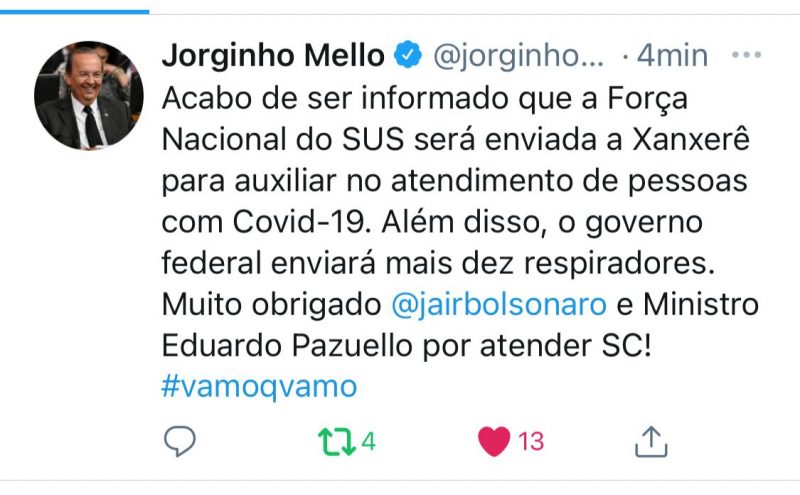 A informa&ccedil;&atilde;o foi publicada pelo senador Jorginho Mello (PL) na tarde desta quinta-feira (25). – Foto: Reprodu&ccedil;&atilde;o/Jorginho Mello