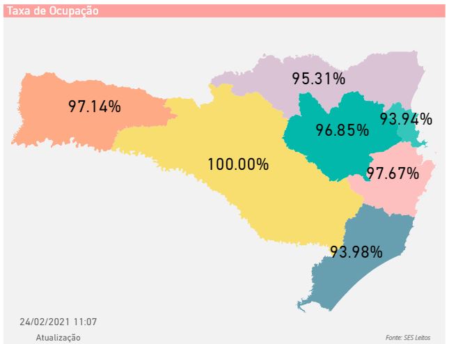 Mapa mostra ocupação de leitos para tratamento de adultos com Covid-19