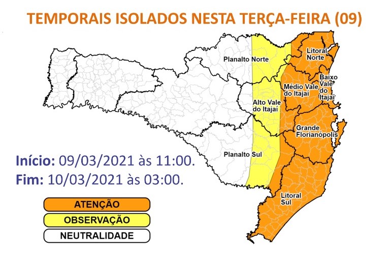 Litoral, M&eacute;dio e Baixo Vale do Itaja&iacute; apresentam risco alto de ocorr&ecirc;ncias – Foto: Defesa Civil/Divulga&ccedil;&atilde;o/ND