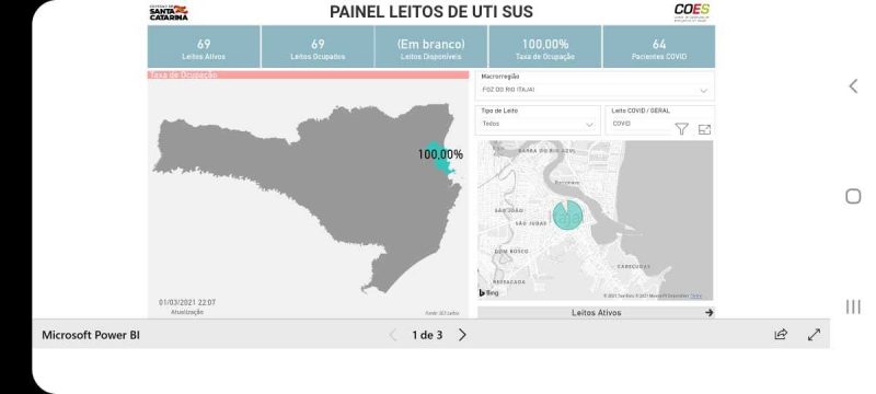 Mapa mostra UTI adulta de Itaja&iacute; 100% ocupada – Foto: Reprodu&ccedil;&atilde;o Governo de Santa Catarina